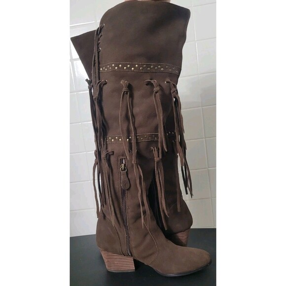 Anthropologie Mojo Moxy “Frilled” Brown Fringe Knee-High Boots 8.5 Boho Western - Picture 9 of 14